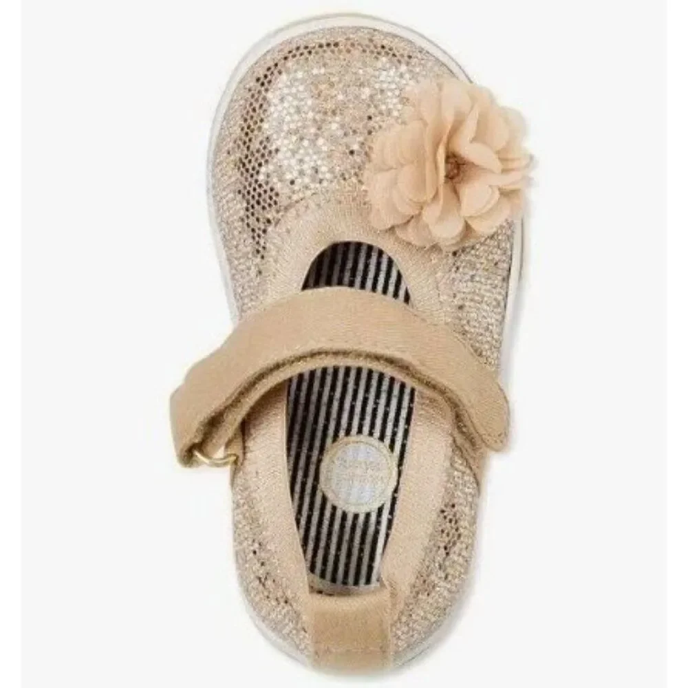 Toddler Girl's Golden Glitter Mary Jane Shoes With Flower Strap‎ Size 3